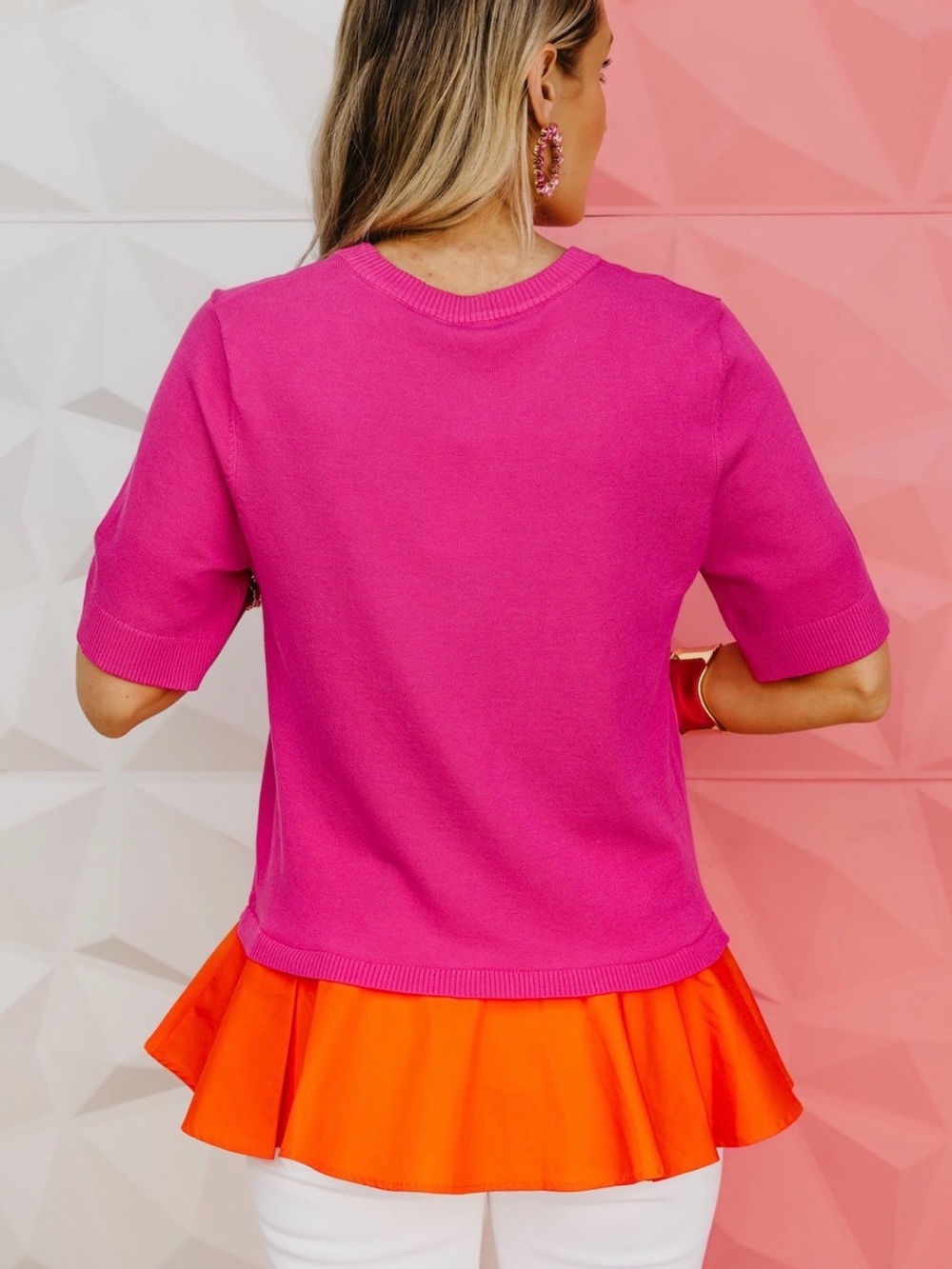 NWT Sugarlips Hot Pink Top with Bright Orange Ruffle Hem - Picture 4 of 13